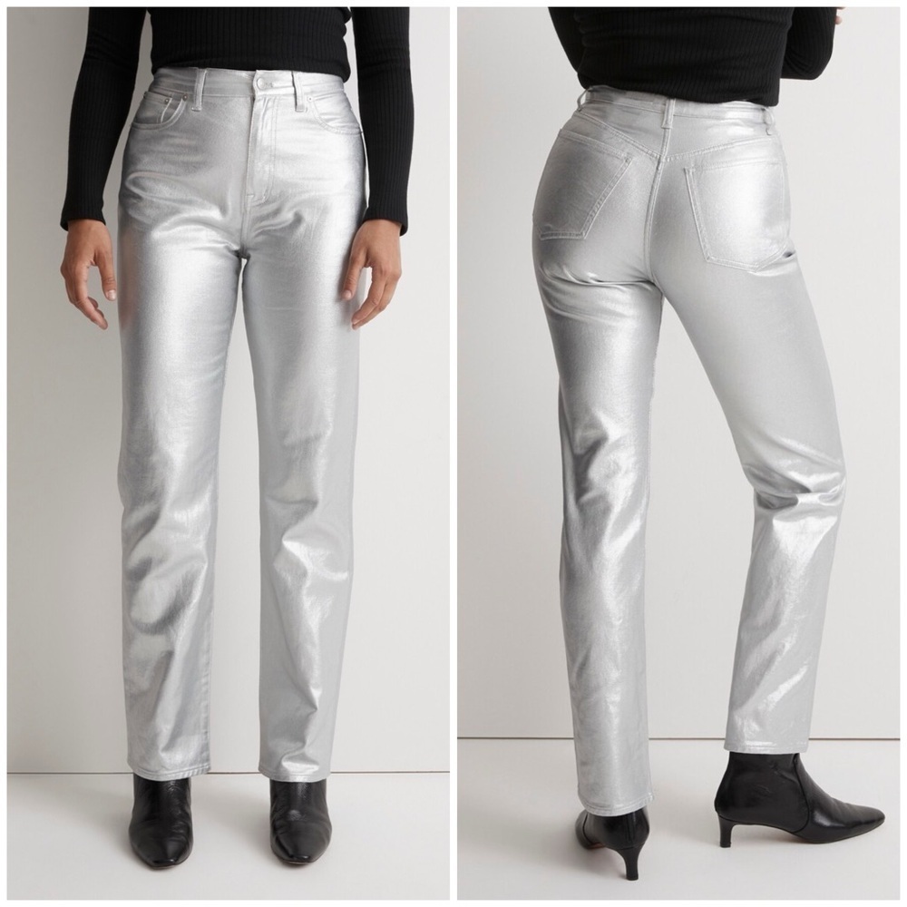 New Madewell 90s Straight Jean in Silver Foil Metallic Party Pants Sz 33